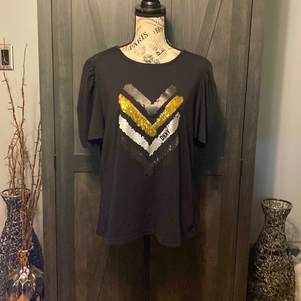 DKNY black puff, short sleeve sequin t-shirt